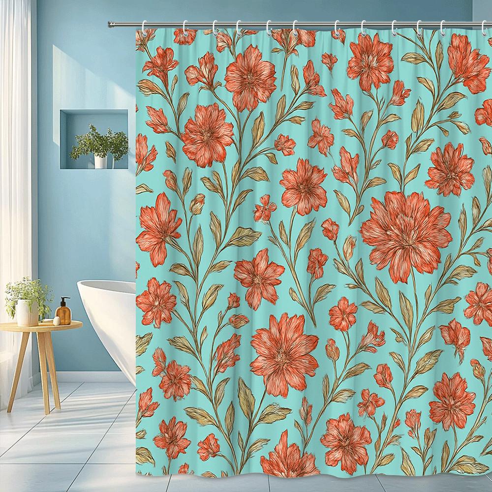 

Vintage Floral Shower Curtain Coral Flowers On Turquoise Background Botanical Garden Style Bathroom Decor Waterproof Non-Toxic W60H190(CM)-1 Pcs