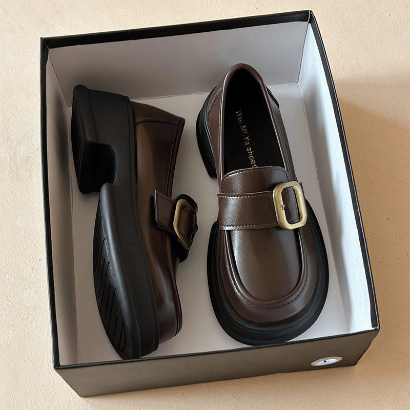 

Loafu single shoes 2025 autumn new platform small leather shoes women s round head skirt with thick heels brown British style 40