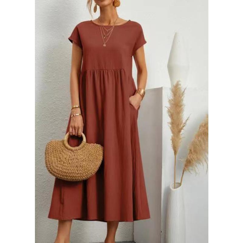 QICED Fashion Summer Spring Solid Color Print Short Sleeve O-Neck Casual Dresses