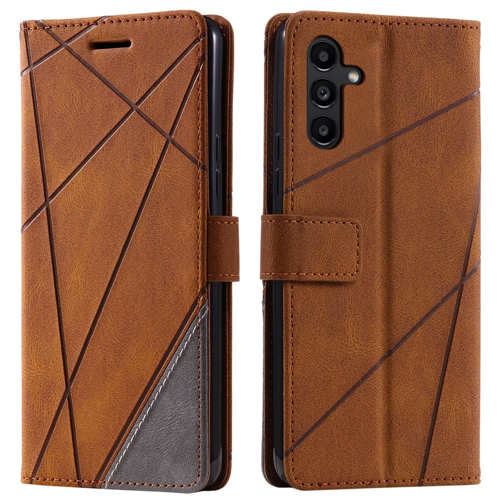 

For Samsung Galaxy S24 FE Case Imprinted Lines PU Leather Splicing Wallet Phone Cover Brown