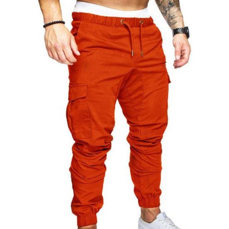Skinny Cargo Pants Casual Men Solid Color Drawstring Waist Ankle Tied Pockets
