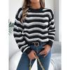 Fashionable Women's Casual Openwork Colour-Block Striped Lantern-Sleeve Pullover