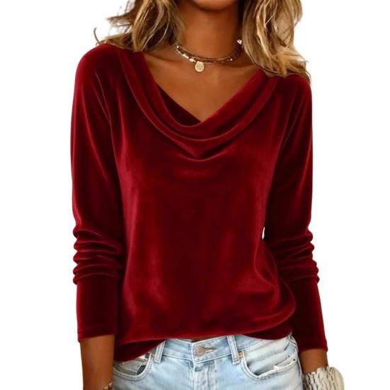 Women Tops Swing Collar Long Sleeve Velvety Fabric Solid Color Pullover Tops Golden Velvet Casual Blouse Office Date Wear
