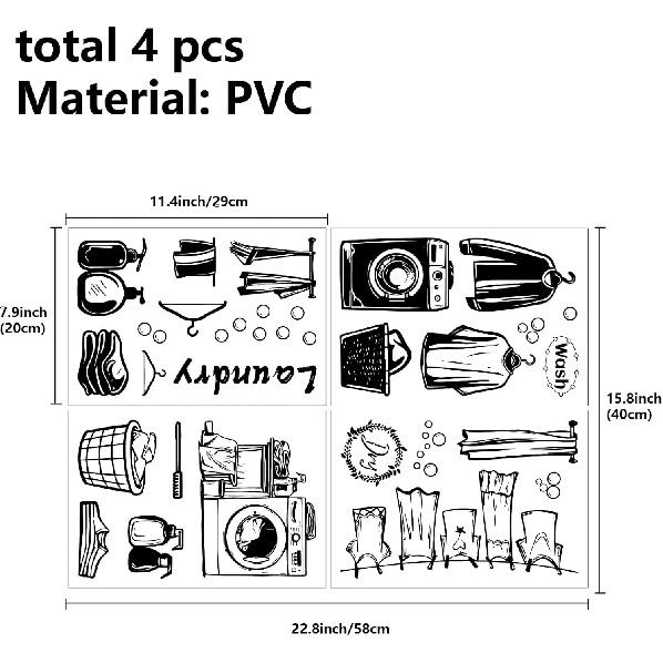 CREATCABIN 4Pcs Laundry Room Wall Stickers PVC Wall Stickers Black Murals Laundry Wall Decoration Decals Waterproof Self Adhesive Stickers Home Decor