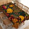 Party Tablecloth/Table Cover: Lush Indian Festival Tablecloth with Golden Elephant In for Lotus, Hanging Lanterns, and Colorful Blooms. Durable, No El
