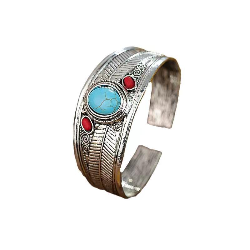Vintage Turquoise and Orange Oval Adjustable Statement Bangle Bracelet