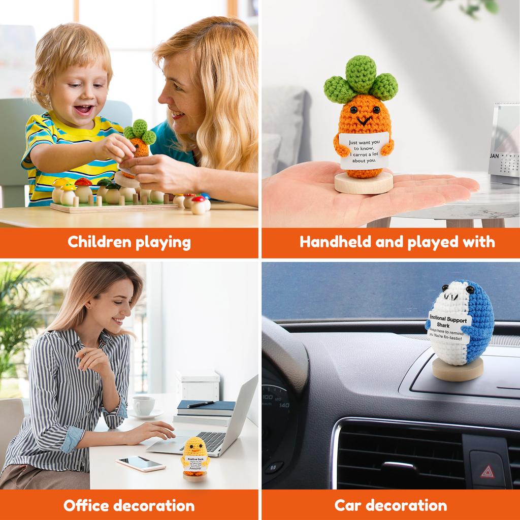 3 Pcs Emotional Support Crochet Animals Handmade Inspirational Crochet Dolls with Motivational Cards and Wood Bases Unique