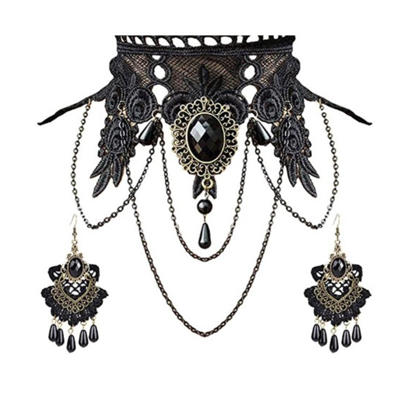 Black Choker Lace Necklace with Bracelet and Earrings Set Gothic Vintage Witch Jewelry for Halloween Costume Wedding