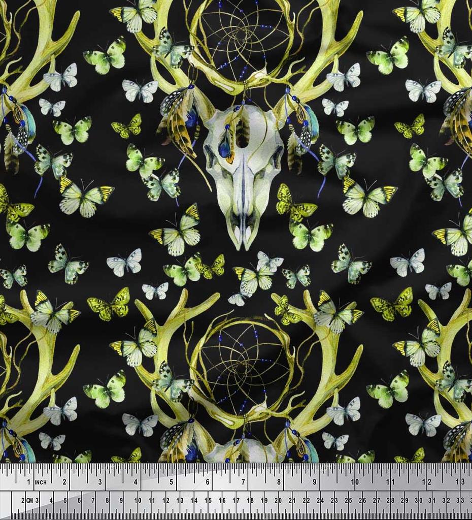 Soimoi Green Japan Crepe Satin Fabric Insect|Dream Catcher & Reindeer Face Animal Fabric Prints by Yard 42 Inch