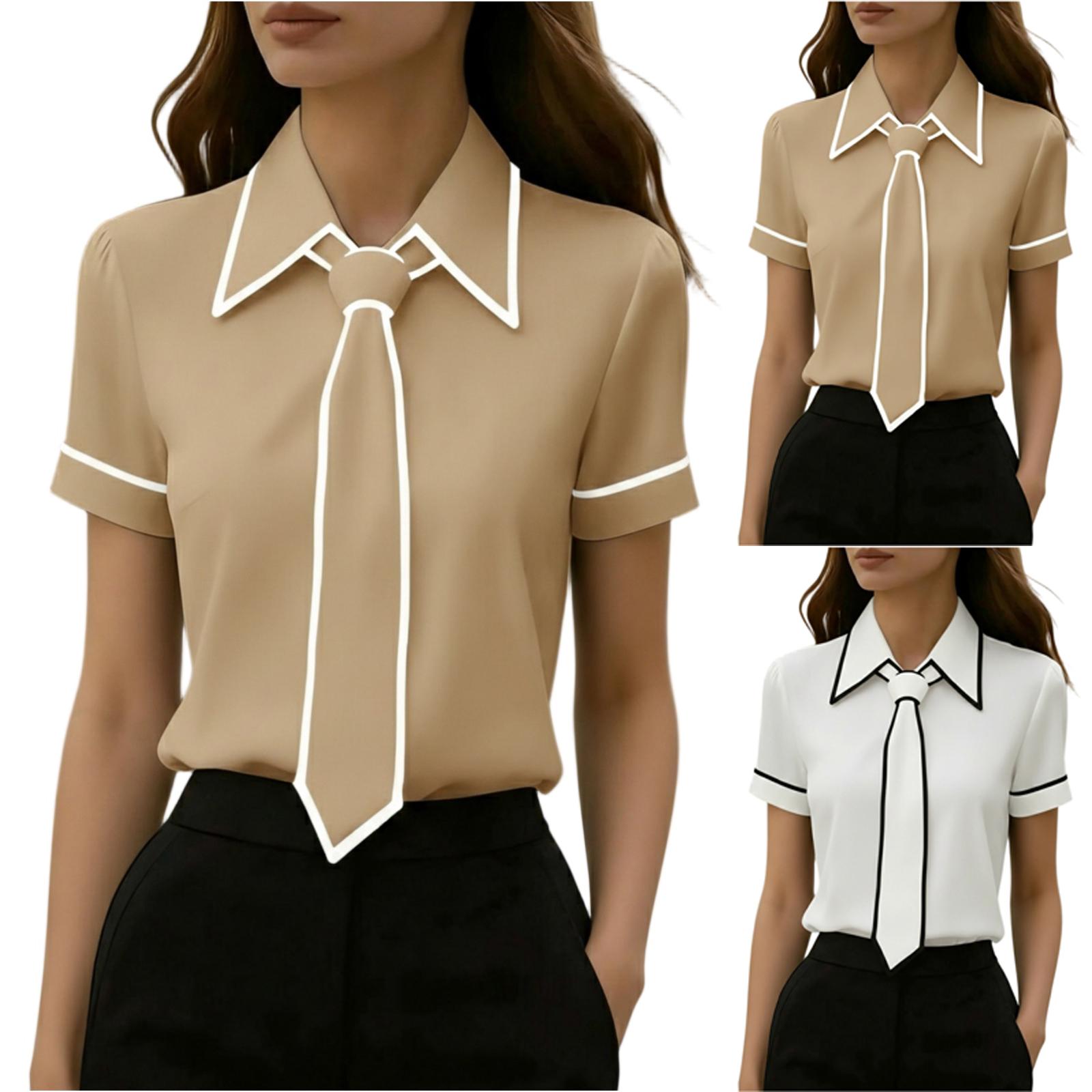 Women s Summer Fashion Lapel Short Sleeved Color Casual Commuting Tie Shirt Top M белый