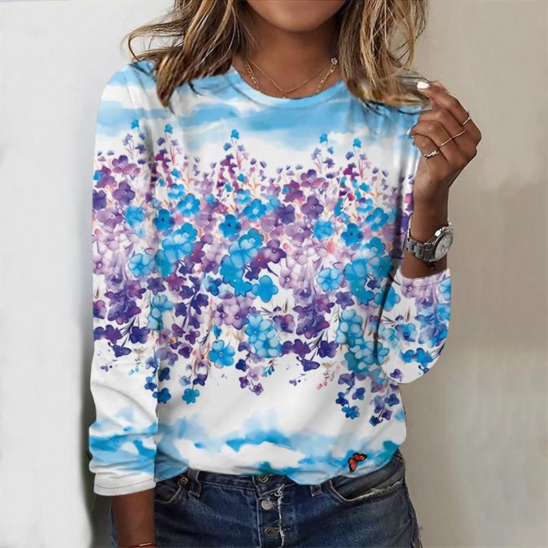 

Весенне-осенний топ с круглым вырезом и 3D-принтом цветов, модная повседневная женская футболка с длинным рукавом 5XL
