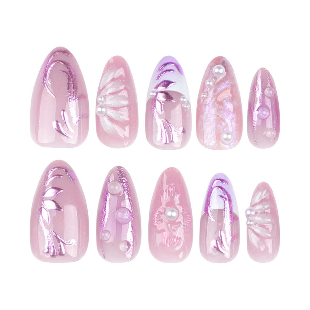 24 Pieces Handmade Magic Mirror Powder 3D Three-dimensional Manicure Fake Nail Flower Pearl Wearing Nail Piece Bubble Bead Wearing Nail
