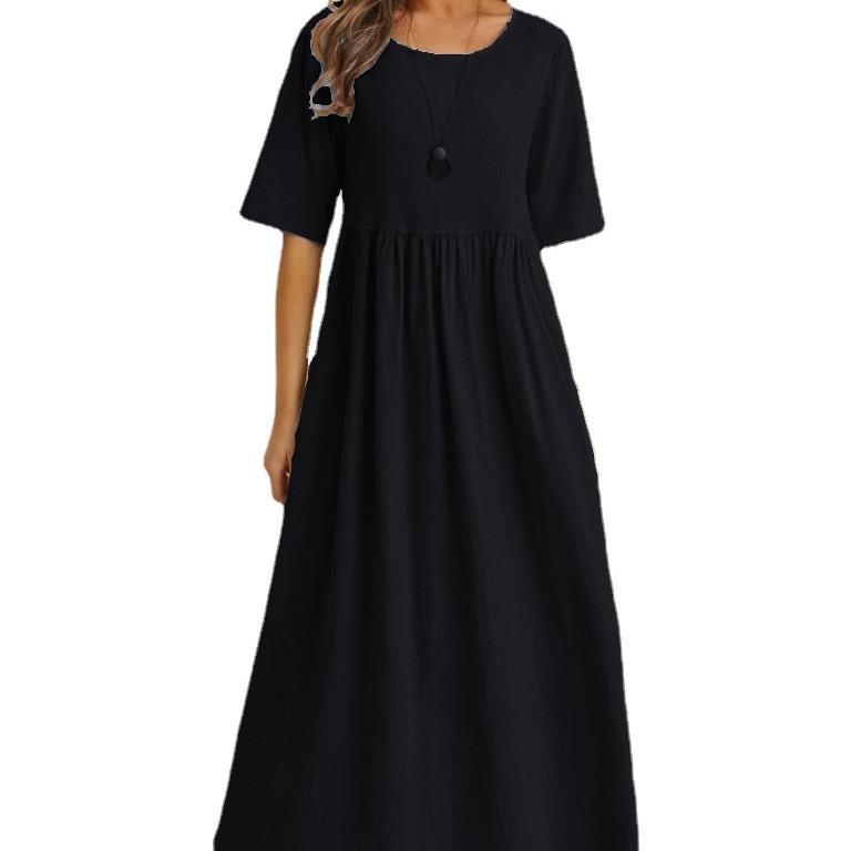 2023 Plus Size Cotton Linen Mid-Length Dress with Loose Round Neck and Five Sleeves