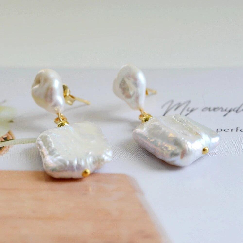 Pearl Earrings White Natural Freshwater Pearl Gold Silver Earrings Baroque Square Drop Earrings Bohemian Ladies Earrings