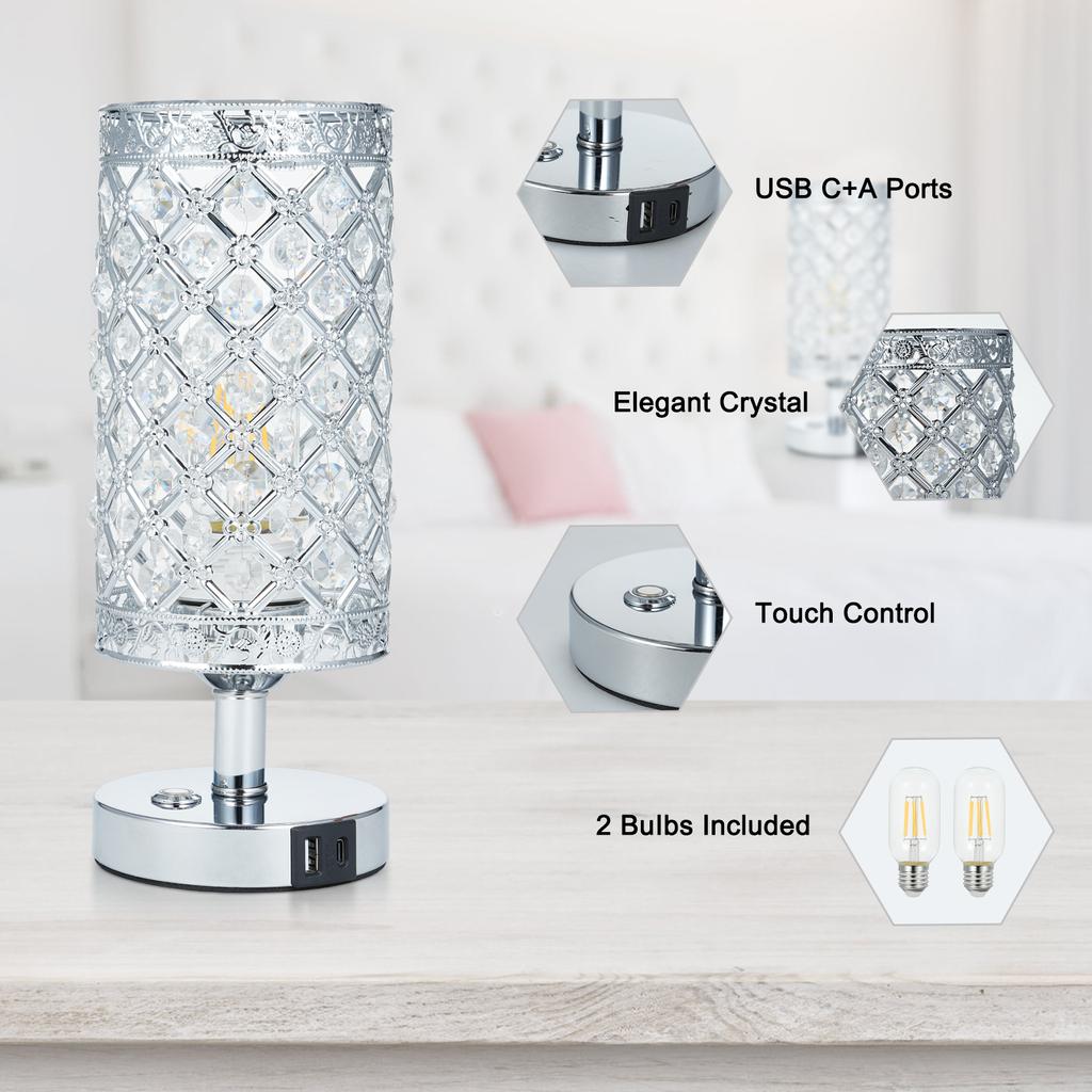 Crystal Touch Desk Lamp 3000K Warm White LED Bulb with USB C+A Charging Port 4000MAH Battery