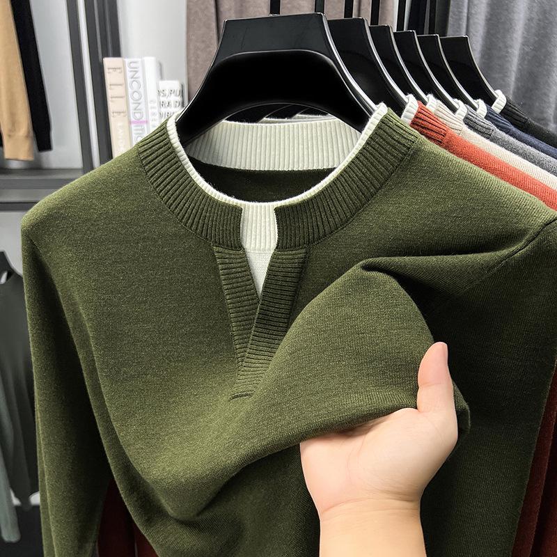 Men's V-Neck Faux Two-Piece Knit Sweater: Casual Long Sleeve Base Layer for Autumn & Winter