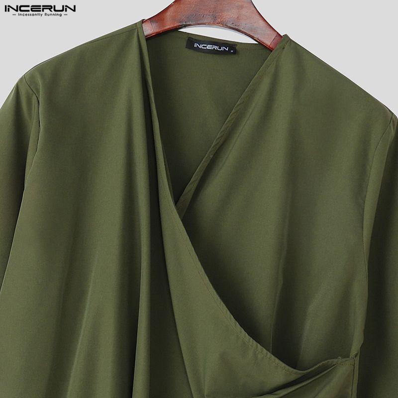 INCERUN Oversized Men V Neck Short Sleeve Solid Color Casual Loose Irregular T-shirts Tops