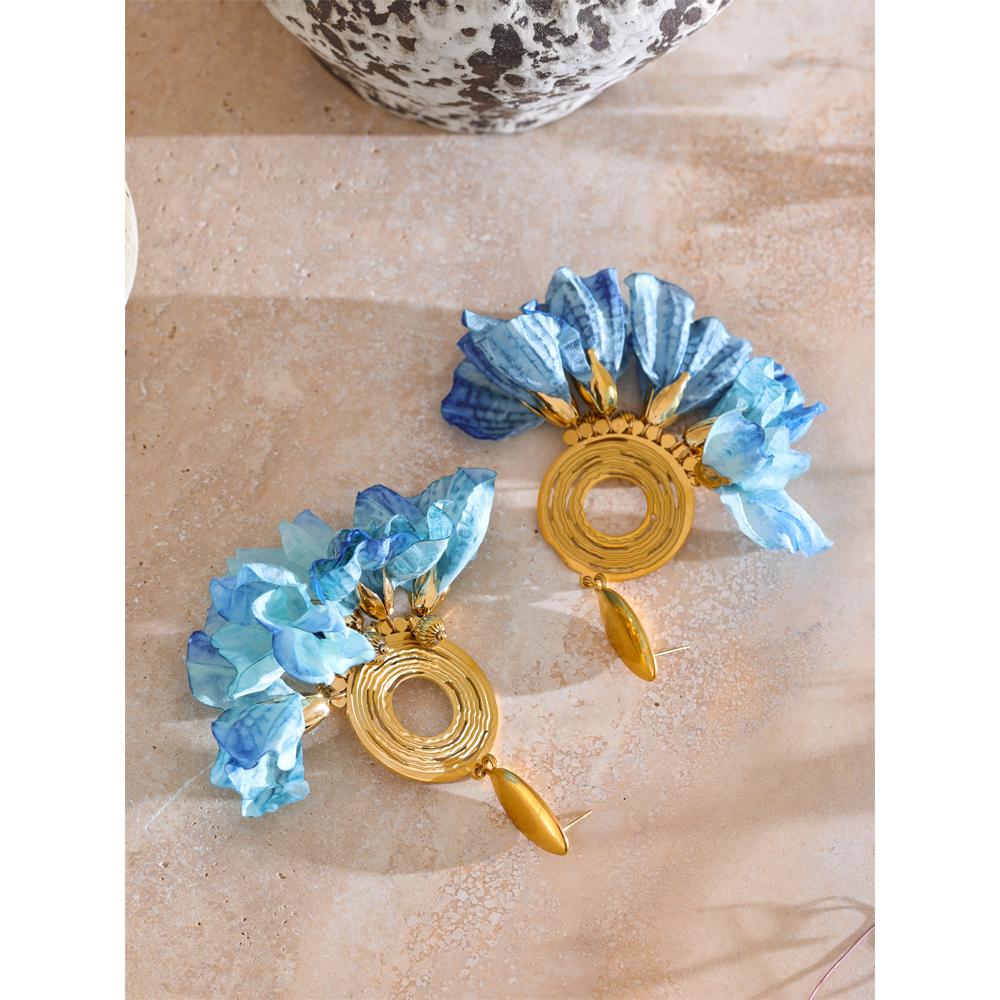 Yhpup Spring Summer Fashion Bohemian Blue Cloth Flower Drop Earrings Exclusive Stainless Steel Handmade Fairy Jewelry