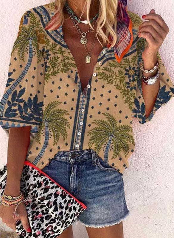 #Fashion Summer Women's Stand-Up Collar Loose Button Retro Printed Casual Shirt
