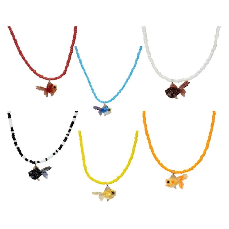 Y2K Resin Goldfish Pendant Necklace for Women Fashion Egirl Beaded Clavicle Chain Fashion Jewelry Valentines Day Gifts