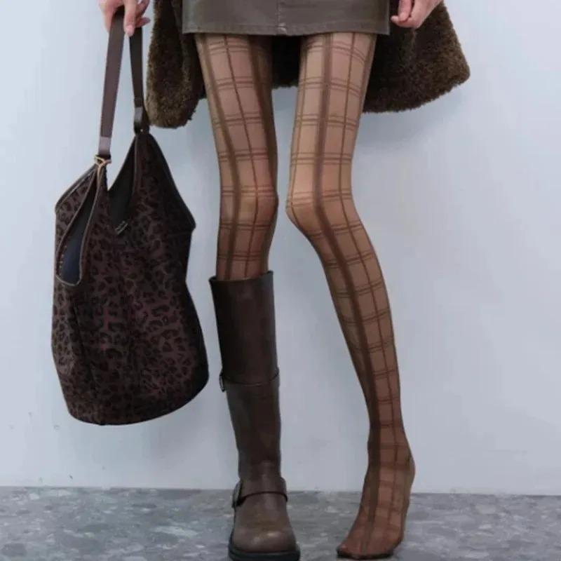 JK Plaid Women Tights Pantyhose Black Pattern Thigh High Stockings Tights Women Sexy Lingerie Y2k Body Stockings Tight Pantyhose