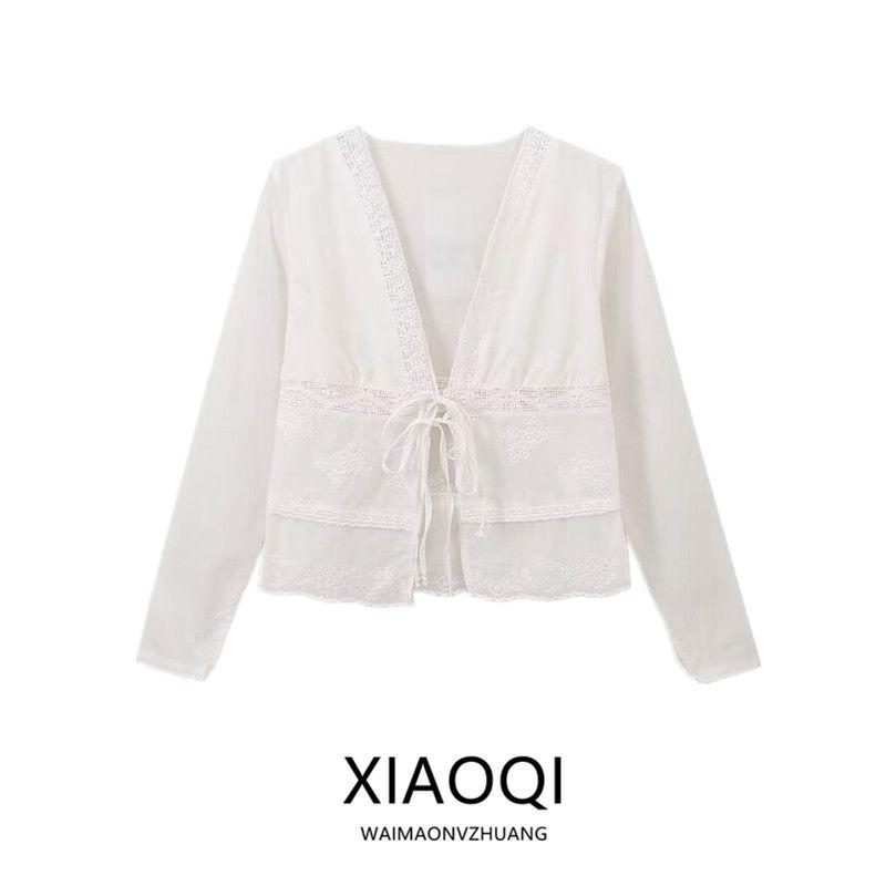 Fashion Style 2024 Autumn New Women's Clothing Easiest for Match Cotton Comfortable Long Sleeve White V-neck Shirt 0881046