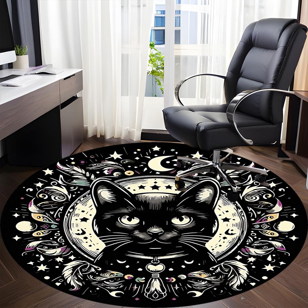 1 szt. Okrągły dywanik biurowy z kotem i księżycem, Mata odpowiednia do biura, Pod krzesła biurowe, Sypialni, Salonu, Wystroju domu, Dekoracja pokoju