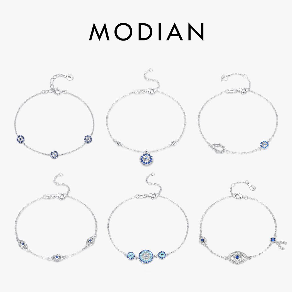 MODIAN Pure 925 Silver Luxury Turquoise Blue Eyes Clear Cubic Zircon Crystal Link Chain Bracelet For Women Fine Jewelry