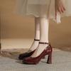 Fashion Women's 2025 Autumn New Style High Heels French Style Red Evening Warm Single Shoes Thick Heeled Mary Jane Shoes Marriage Shoe
