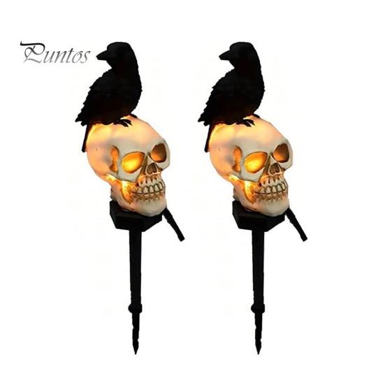 Horror Themed Yard Landscape Ornaments LED Solar Crow Skull Light, Waterproof Halloween Pathway Gothic Decorative Stakes for Flowerbeds on Skeleton