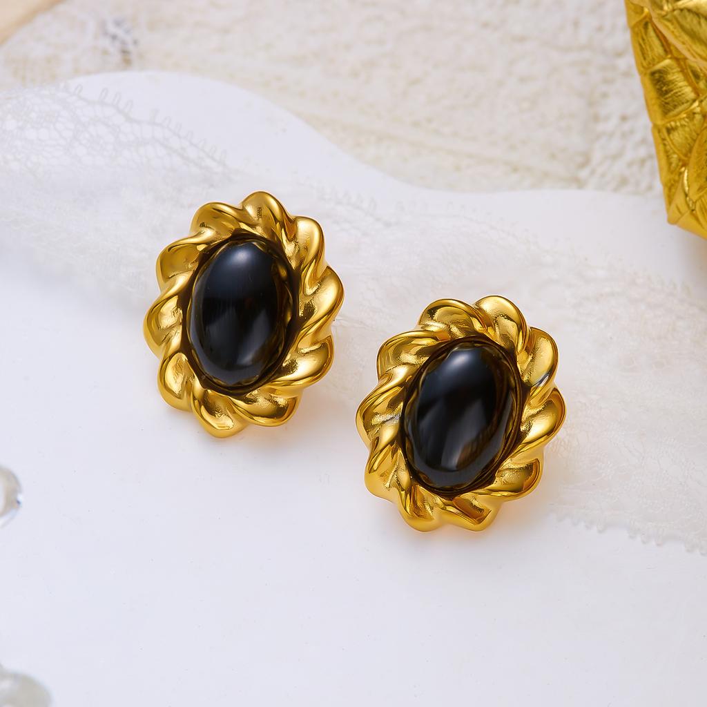 Orecchini a lobo ovali in acciaio inossidabile color oro vintage per donna Design di nicchia Inlay in resina nera Orecchino Festa Gioielli casual