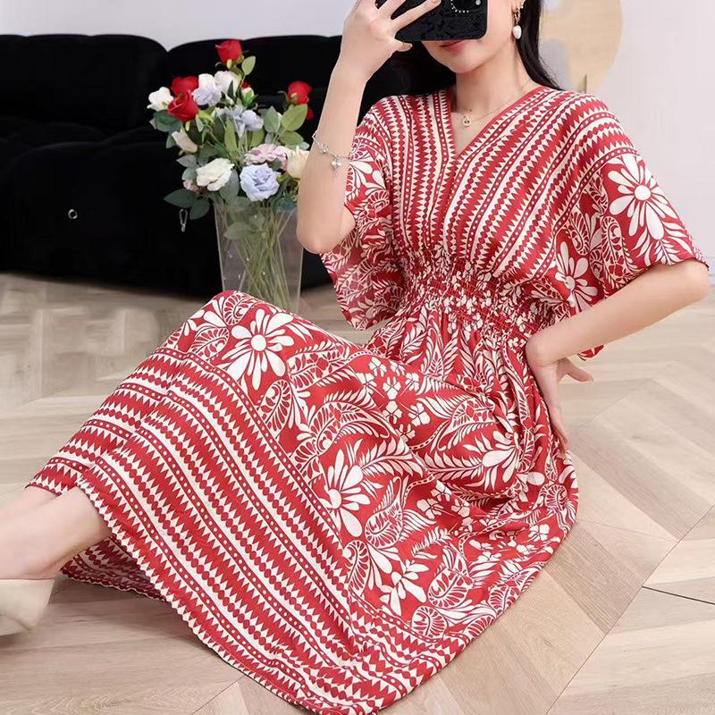 25th Anniversary Ethnic V-Neck Rayon Short Sleeve French-Thai Print Holiday Dress for Women