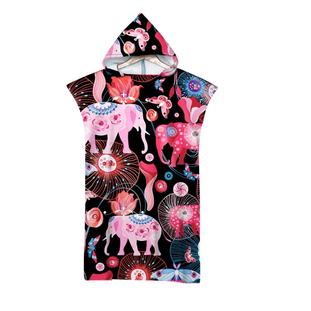 Hooded Bath Towel Robe Poncho Swimming Beach Towel Surf Man Lady Fast Quick Dry Bathrobe Beachwear-Floral Elephant Owl Pattern