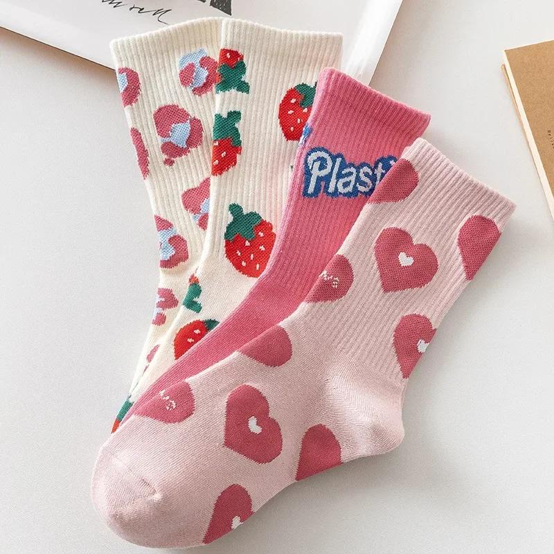 New Heart Strawberry Sweet Love Girl Socks Women's Middle Tube Socks Cute Lovely Fruit Pink Cotton Casual Socks