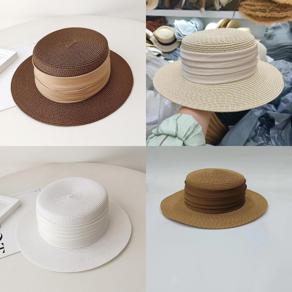 Retro Flat Top Straw Hat For Women With Wide Brim And Sun Protection For Vacation