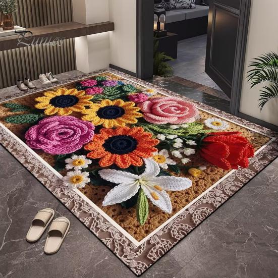 Absorbent Bath Mat Floor 3D Flower Pattern Bathroom Rug Highly Quick Door Friendly Dry Non-Slip Rubber Backing Kitchen Shower Laundry Room No Curl