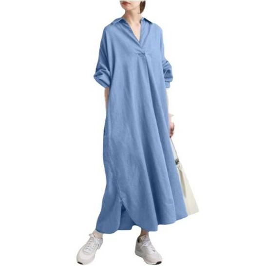 New Arrival: Elegant Retro Button-Down Long Shirt Dress with Full Sleeves and Solid Color
