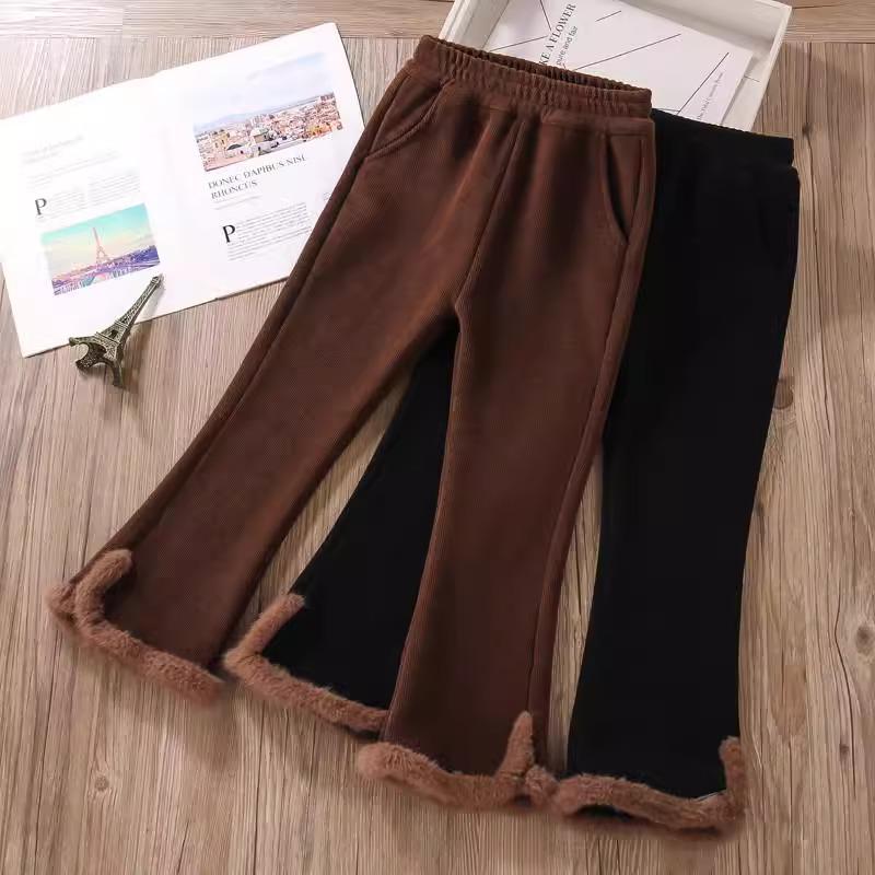 Pantaloni de iarnă pentru fete, cu talie înaltă, din catifea reiată - Groși, călduroși, la modă, cu crac clopot