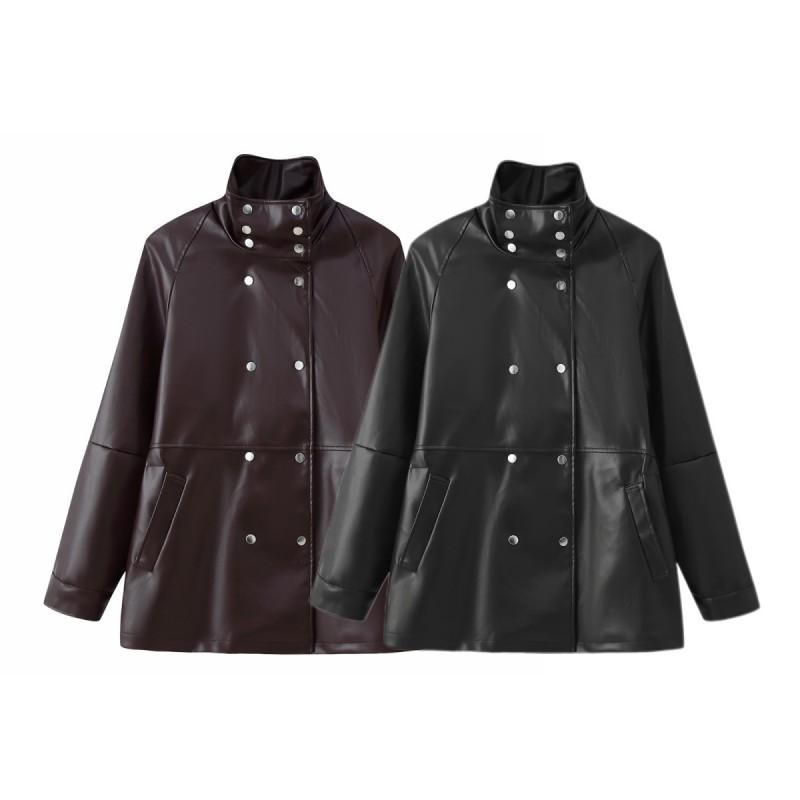 Womens Fashion Casual PU Jacket Stand Collar Double Breasted Slim Fit Street Style Outerwear
