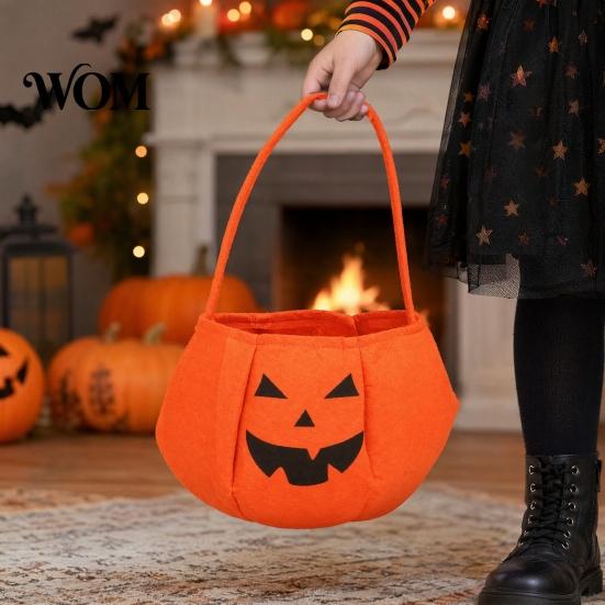 Flexible Hand Strap Bag Halloween Pumpkin Candy for Kids, Small Trick or Treat Bucket, Party Favor Soft Face Basket with Handle Decoration Stiff Tote