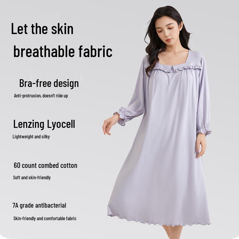 Plus Size Tencel Cotton Pajamas with Bra Pads: Summer Long Sleeve Cooling Nightgown for Women