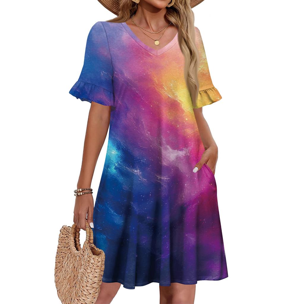 Women A Line Sun Dress Short Sleeve V Neck Printed Dress With Pockets