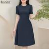ZANZEA Damen Sommer Freizeit Rundhals Einfarbig Kurzarm Kleid