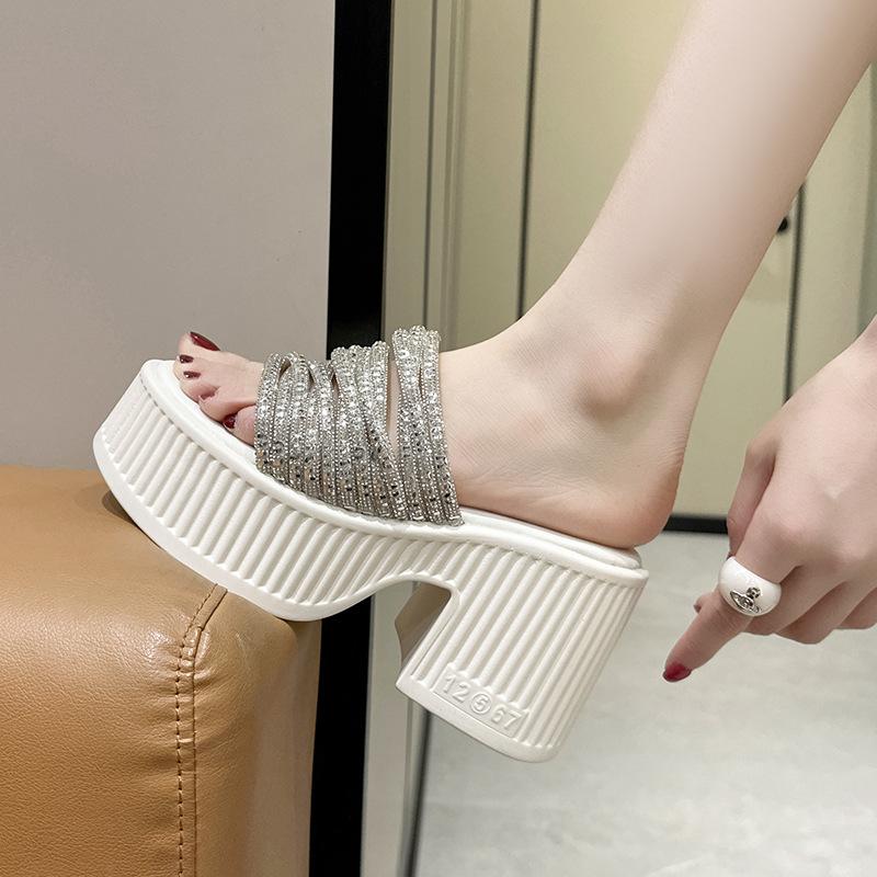 European Station 2025 Summer New Product Slope Heel Thick Bottom Heightened Feminine Rhinestone Surface One-word Slippers Wear Cool Slippers
