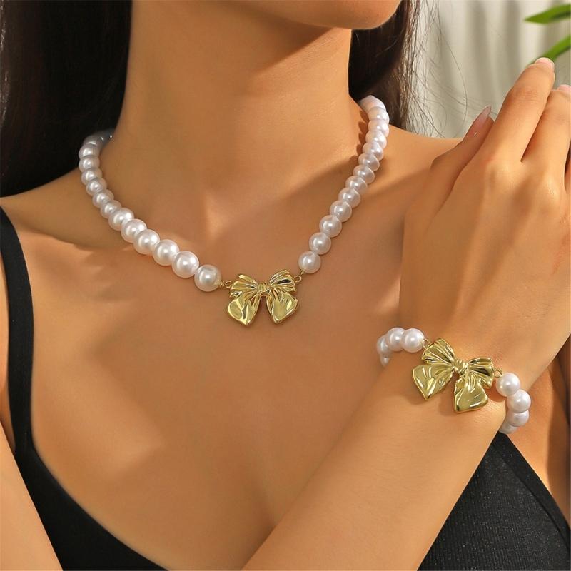Fashionable Bowknot Pendant Bracelet/Earrings/Necklace Elegant Imitation Pearls Ornament Stylish Jewelry for Daily Wear