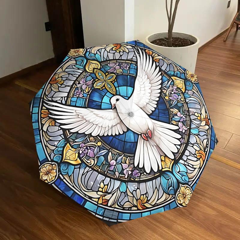 

Stained Window Panel with White Dove Design - Automatic Opening Folding Umbrella, Portable 3-Fold Design, 8-Bone Iron Frame Outdoor Umbrella