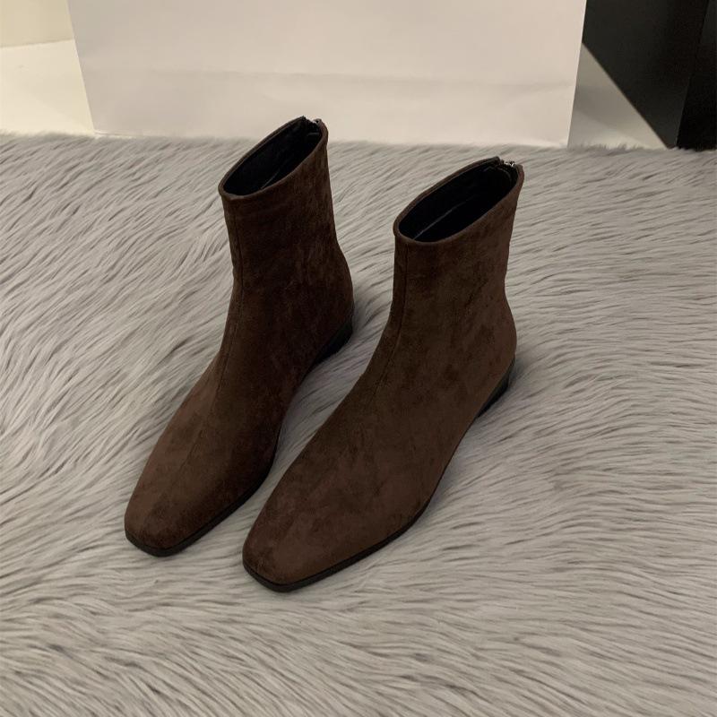 Suding Coarse Heel Suede Korean Small Ankle Boots Women's Shoes 2025 New Autumn and Winter Martin Boots Coffee Skinny Short Boots