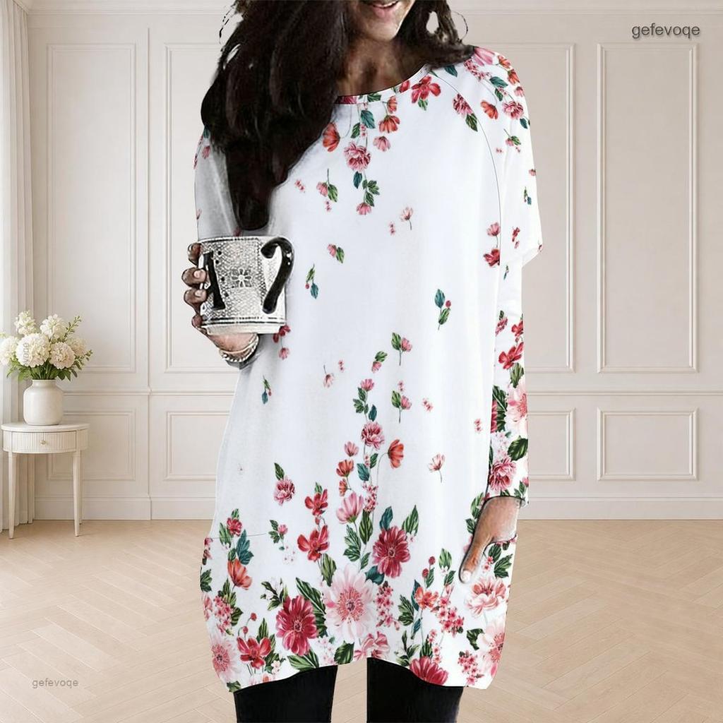 Women Plus Size Round Neck Long Sleeve White Blue Butterfly Print Loose Longline Top With Pockets