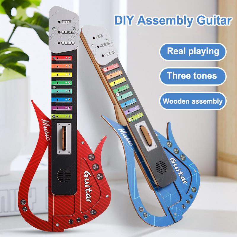 Chitarra Elettrica in Legno 3D Fatta a Mano DIY Assemblaggio Educativo Chitarra Strumento Musicale Creativo per Bambini Giocattolo Regalo di Compleanno