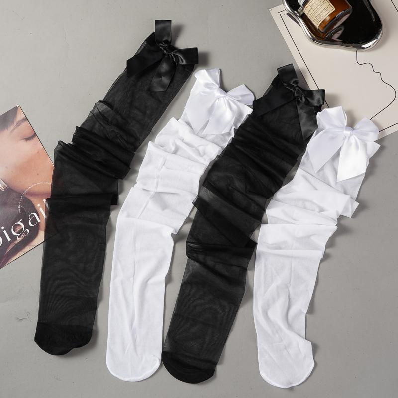 Lace Lolita Mesh Thigh High Stockings Over-The-Knee Bowknot Stockings Ultra-Thin Long Black And White Classic Color Stockings